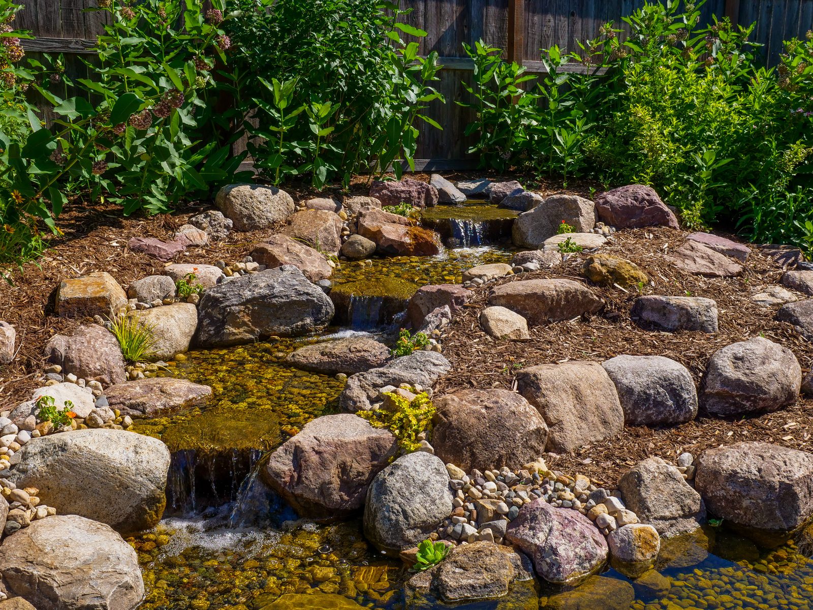 Pond with layered rockwork and a stepped stream running past garden plantings